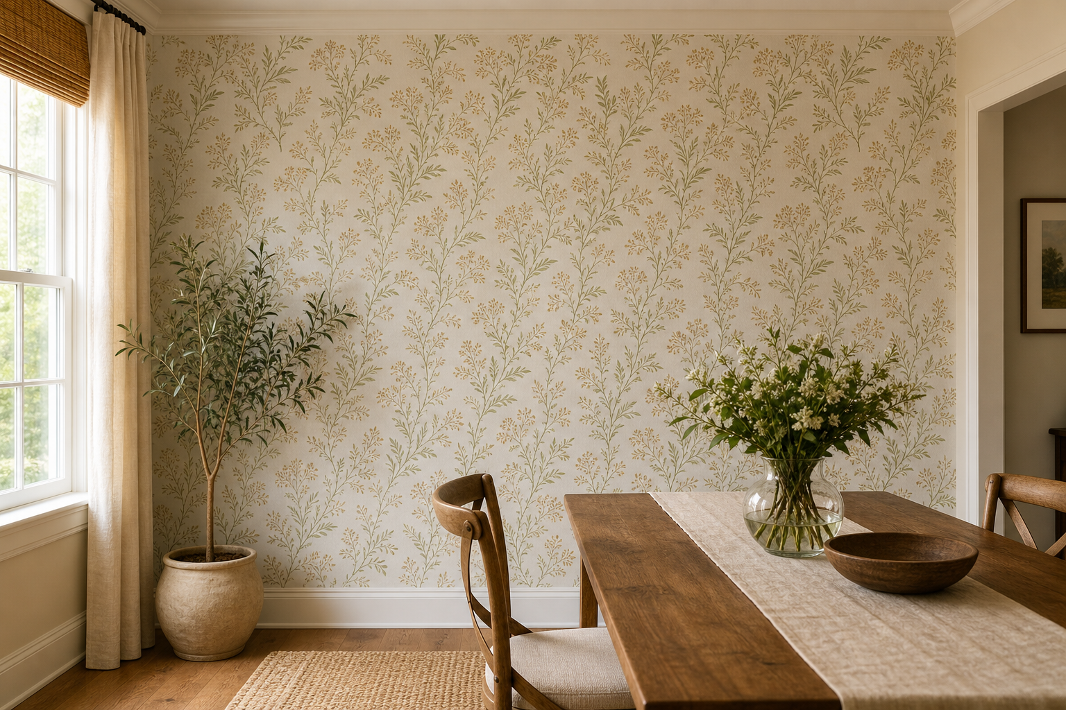 Dining room with botanical wallpaper in warm daylight